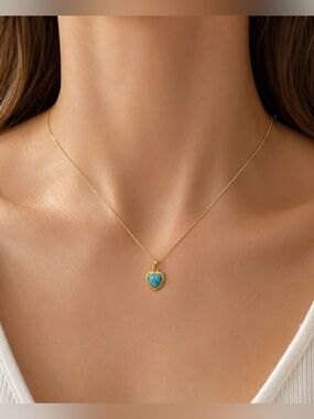 18K Gold Over Stainless Steel Tiny Dainty Turquoise Heart Necklace